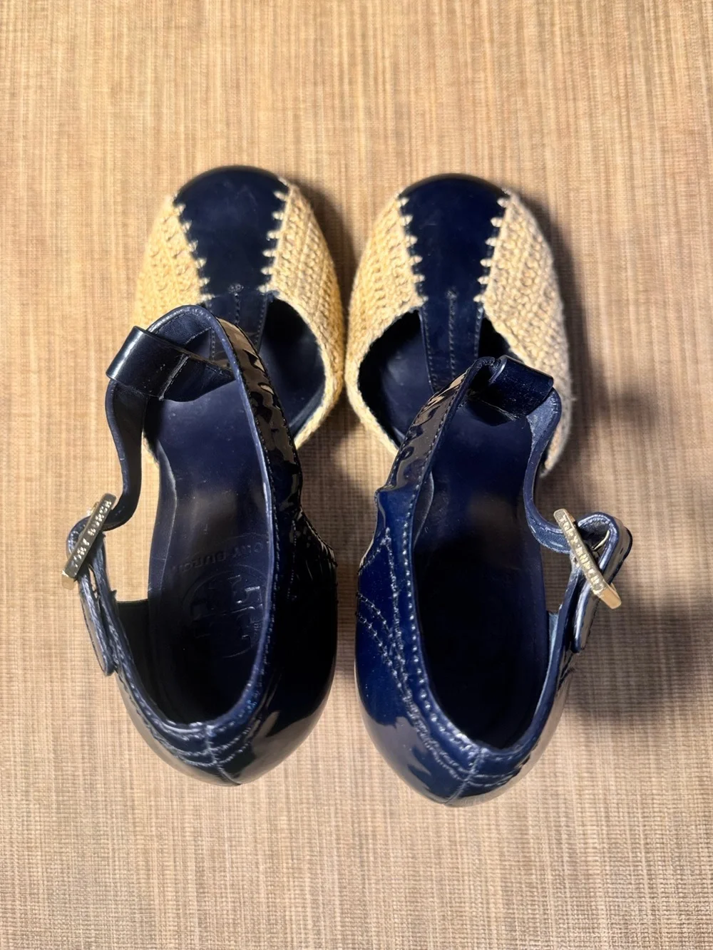 Tory Burch Navy Patent Leather Raffia T Strap Heels